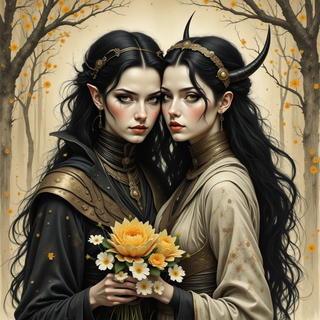 Elven Couple in Japanese Ink Brush Style