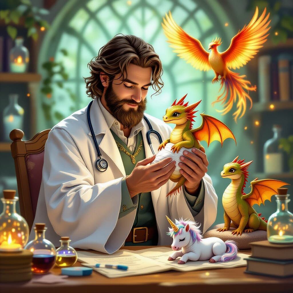 Wizard Vet Tends Baby Dragon in Enchanted Clinic