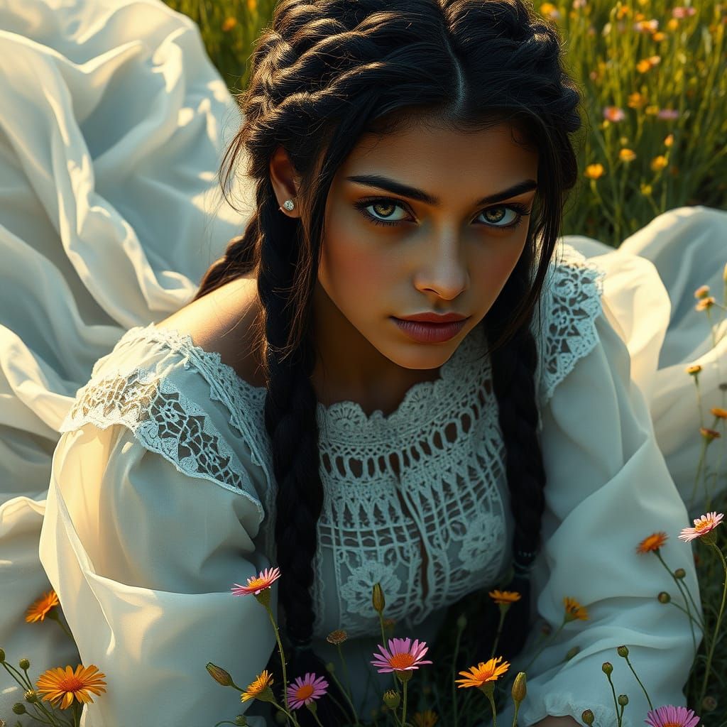 Woman in Field of Flowers: Dreamlike Mystical Art