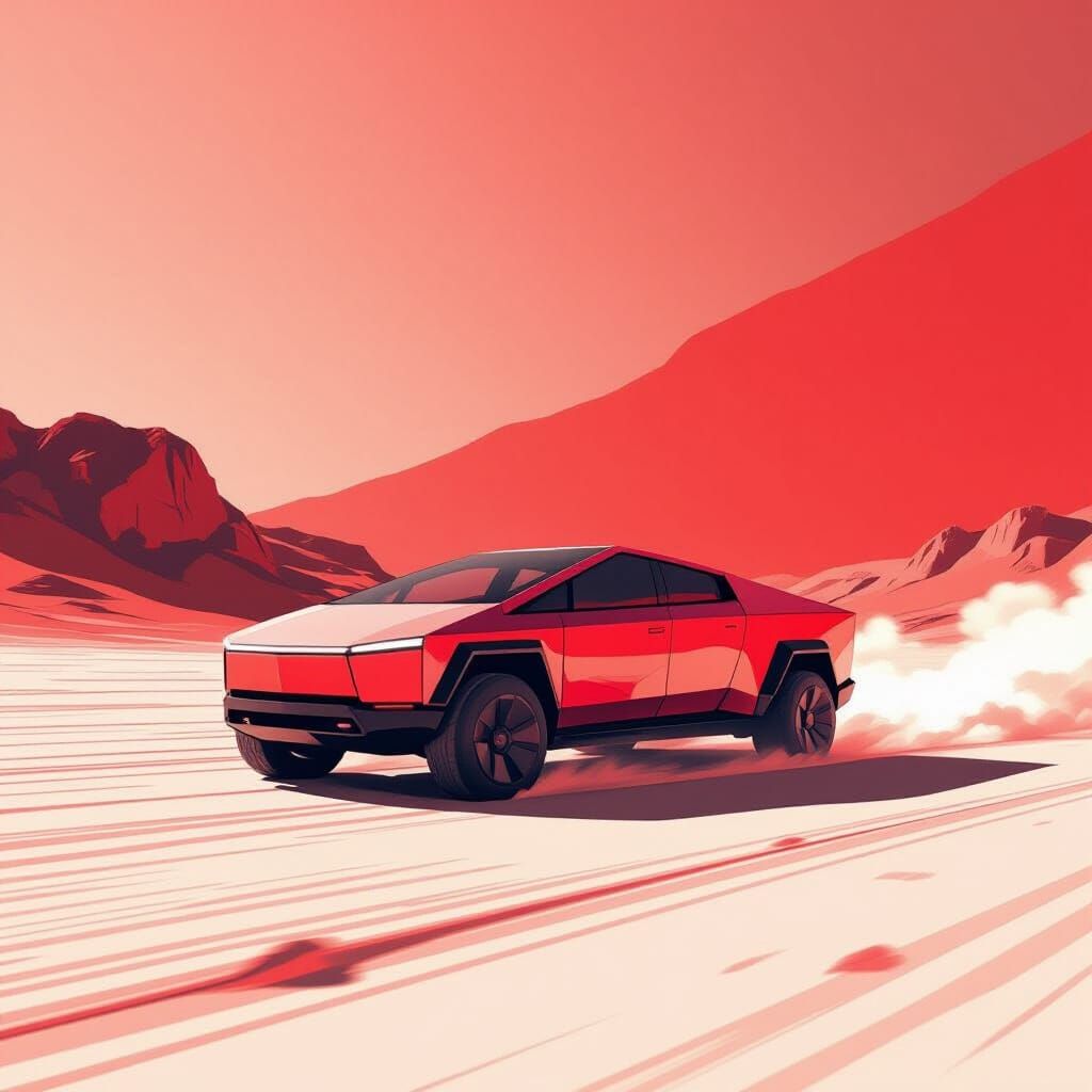 Red Cybertruck on Mars: Futuristic Silhouette