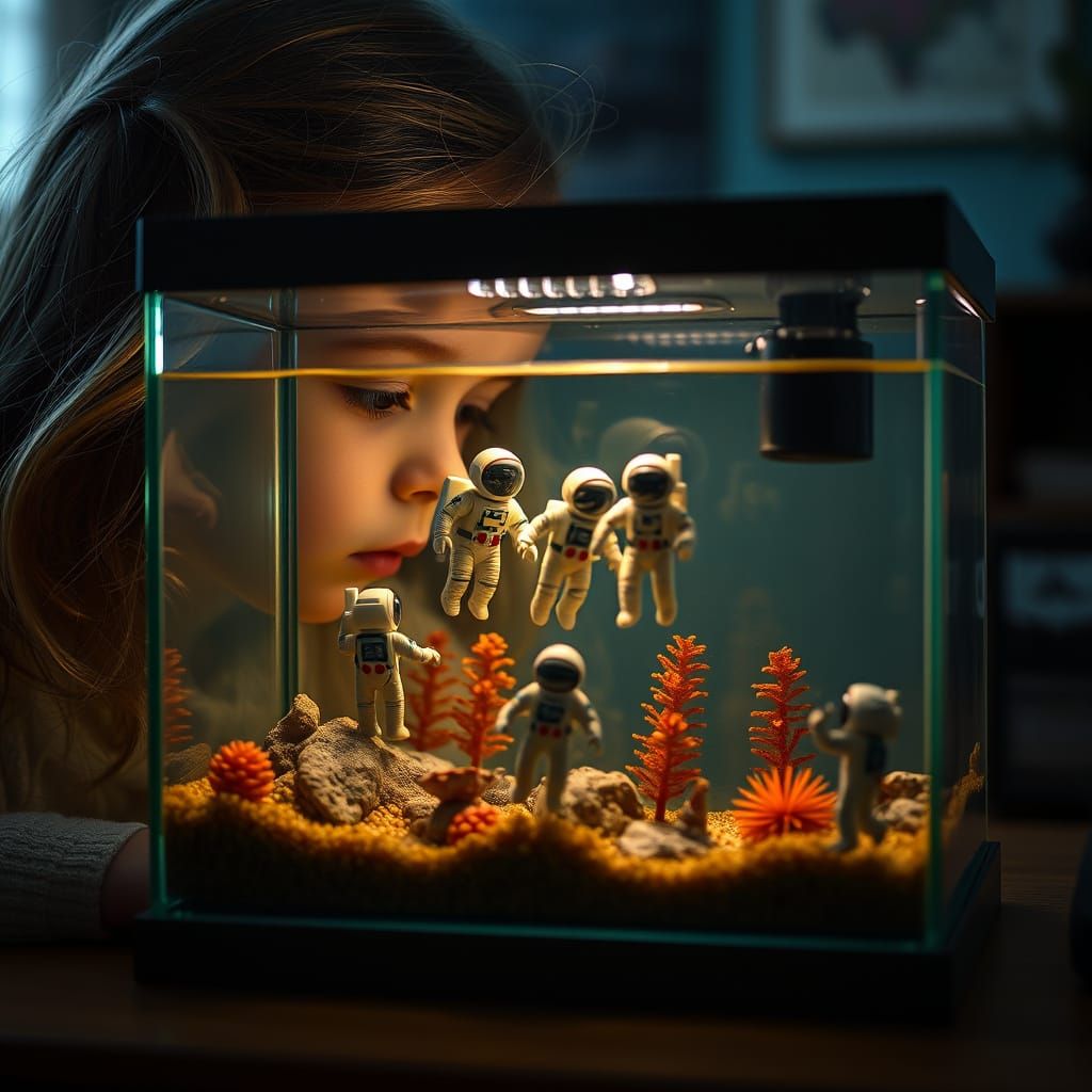 Girl Observes Toy Spacecraft in Miniature Aquarium