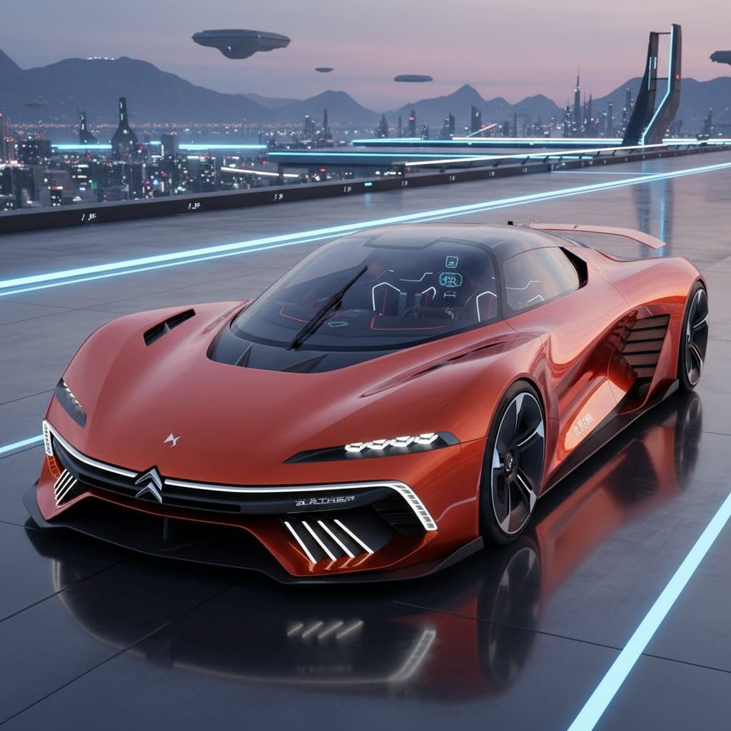 Futuristic Electric Hypercar Design in Metallic Orange-Red