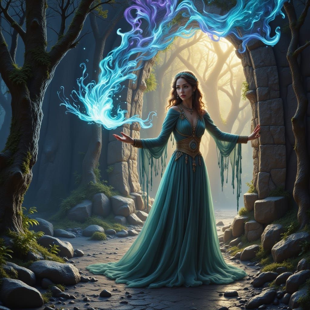 Epic Female Wizard Opens a Magic Portal
