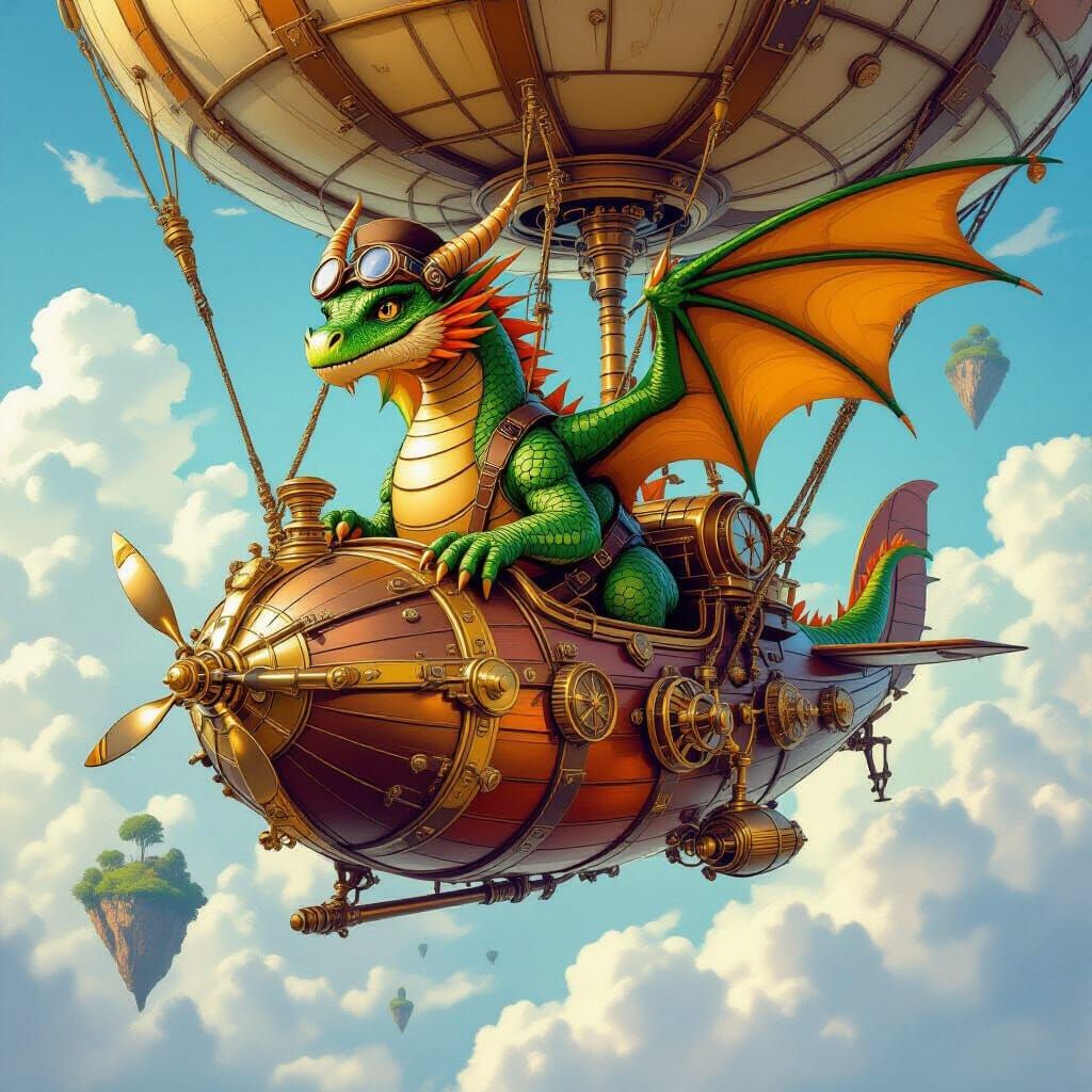 Brass Dragon Pilots Steampunk Airship Among Floating Islands