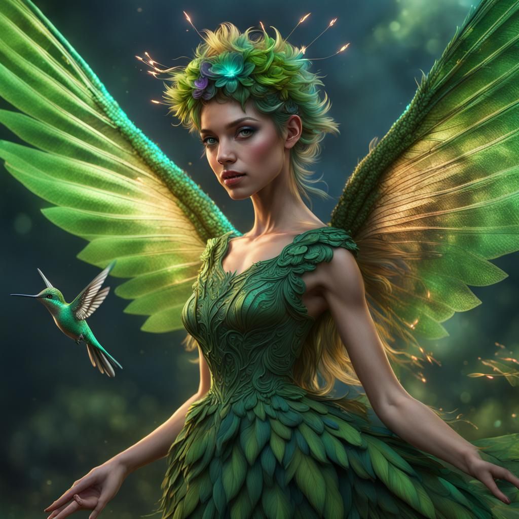 Hummingbird Fairy with Iridescent Feathers in Detailed Paint...
