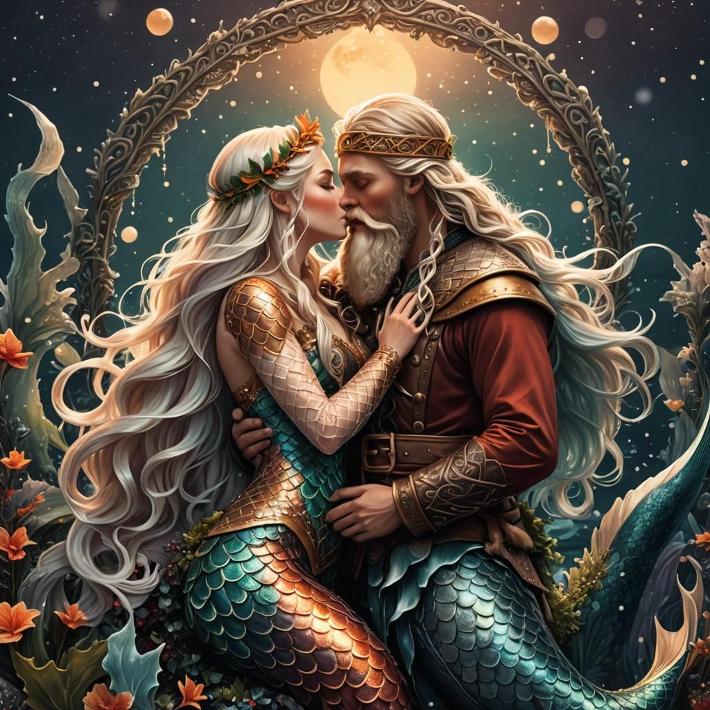 Enchanting Mermaid and Viking Santa Kiss Illustration