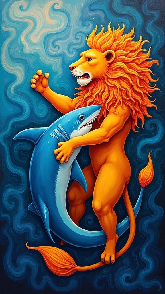 Shark and Lion Abstract Dance in Rothko Style