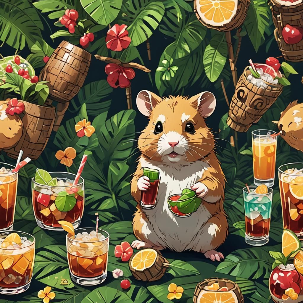 Tropical Hamster Enjoying Tiki Drinks: Anime Style