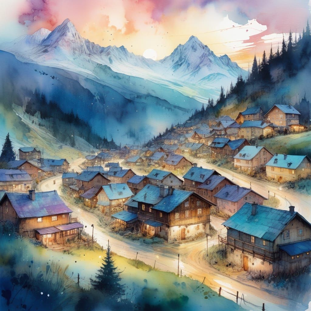 Alpine Village at Dusk in Watercolor Style