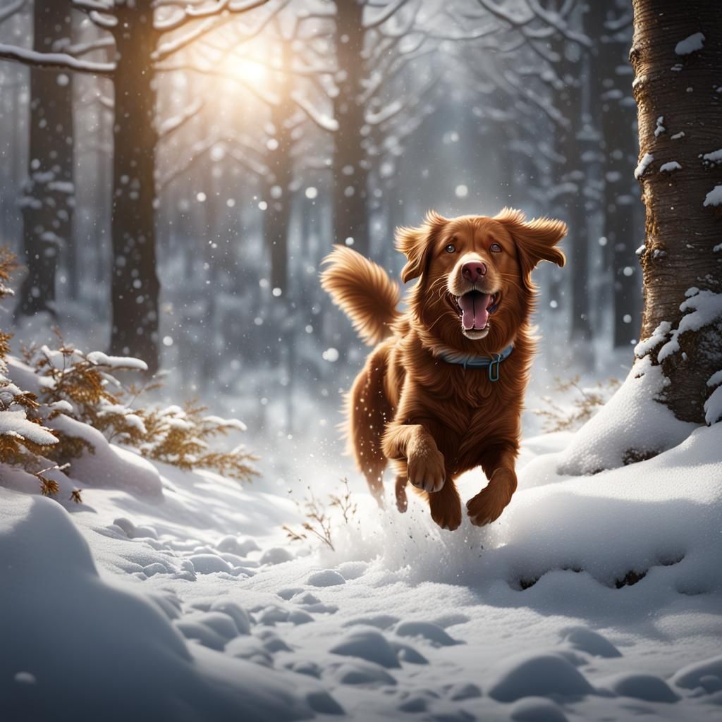 Dog Playing in Snowy Woods: Fantasy Concept Art