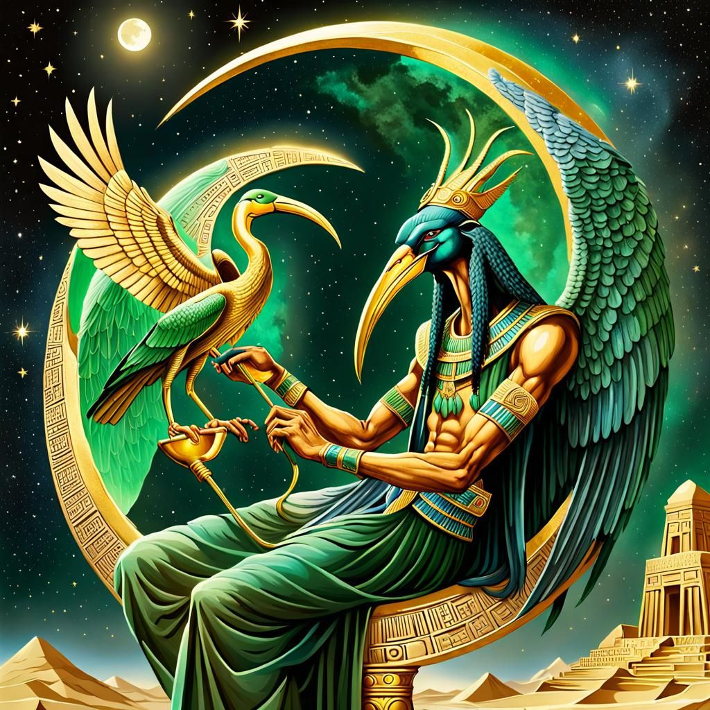 Thoth on Crescent Moon Observes Earth