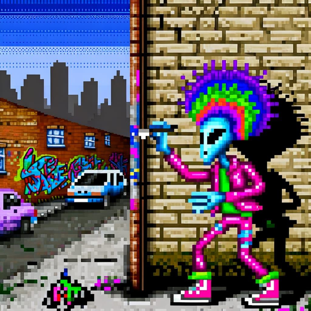 Alien Artist in 8-Bit Street Style