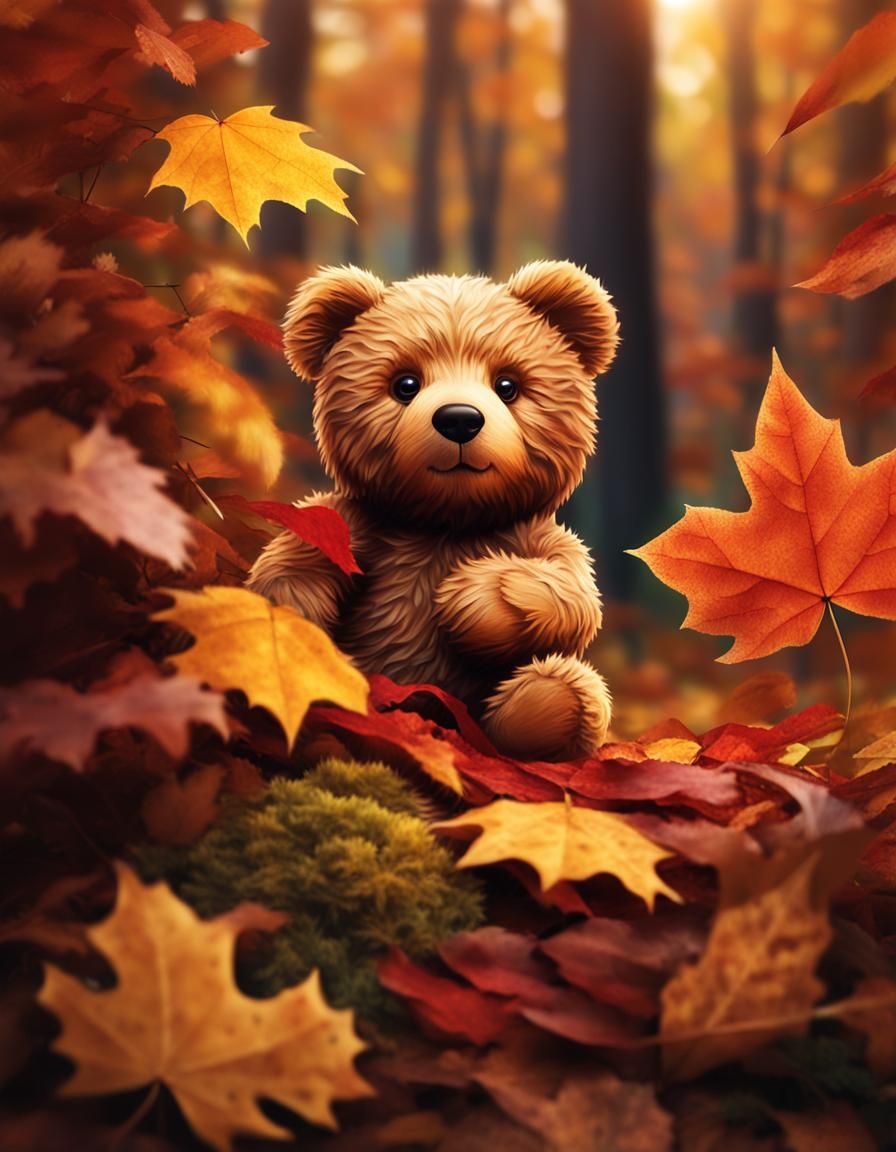 Adorable Teddy Bear Peeks Out From Autumn Leaves
