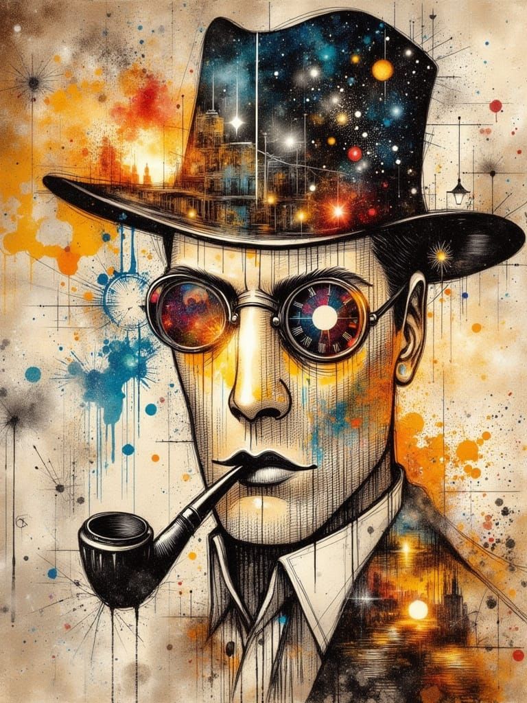 Surreal, Man wearing a fedora hat, pipe in mouth, dressed in...