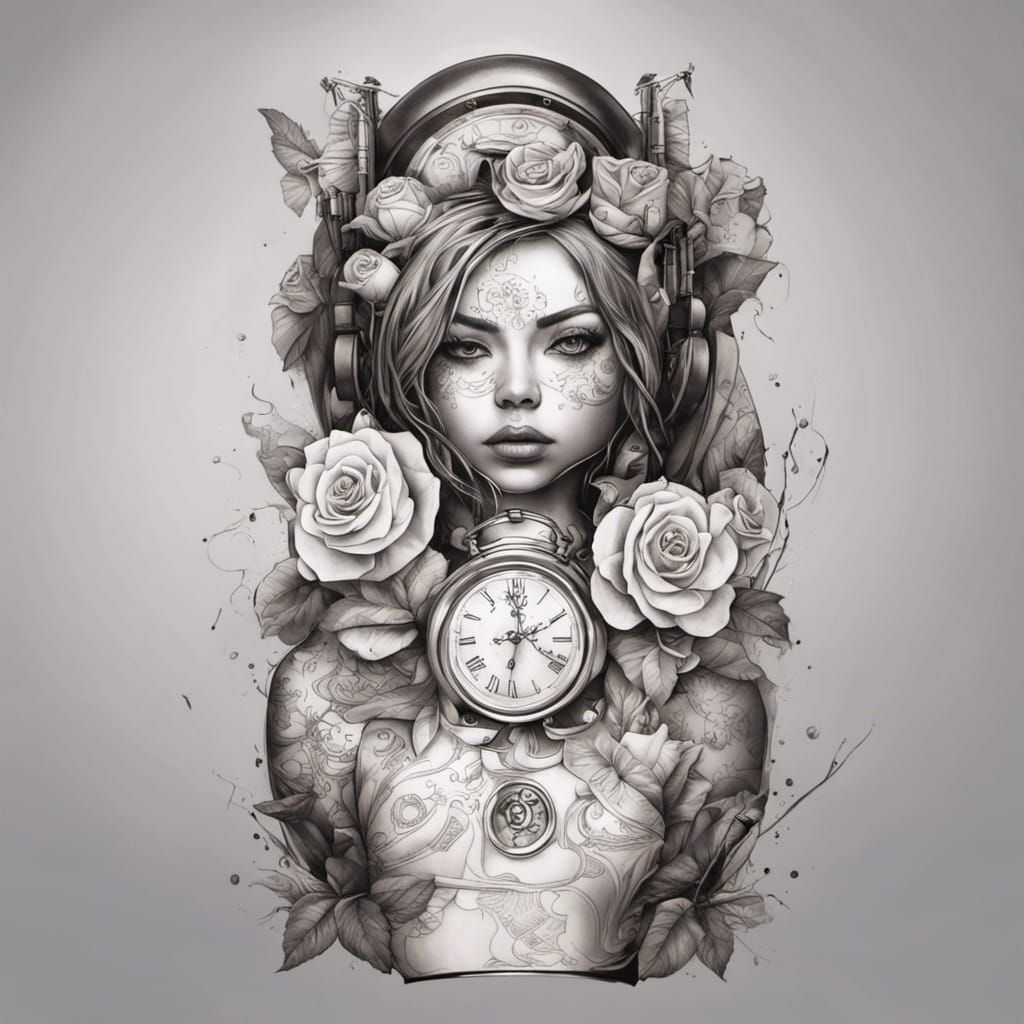 Russian Doll Tattoo Design with Roses and Clocks