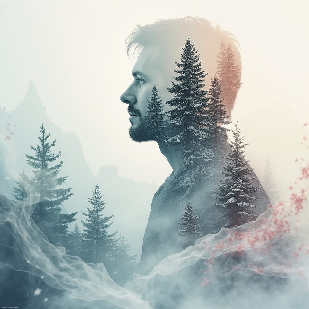 Surreal Man Portrait With Mountain Landscape Double Exposure