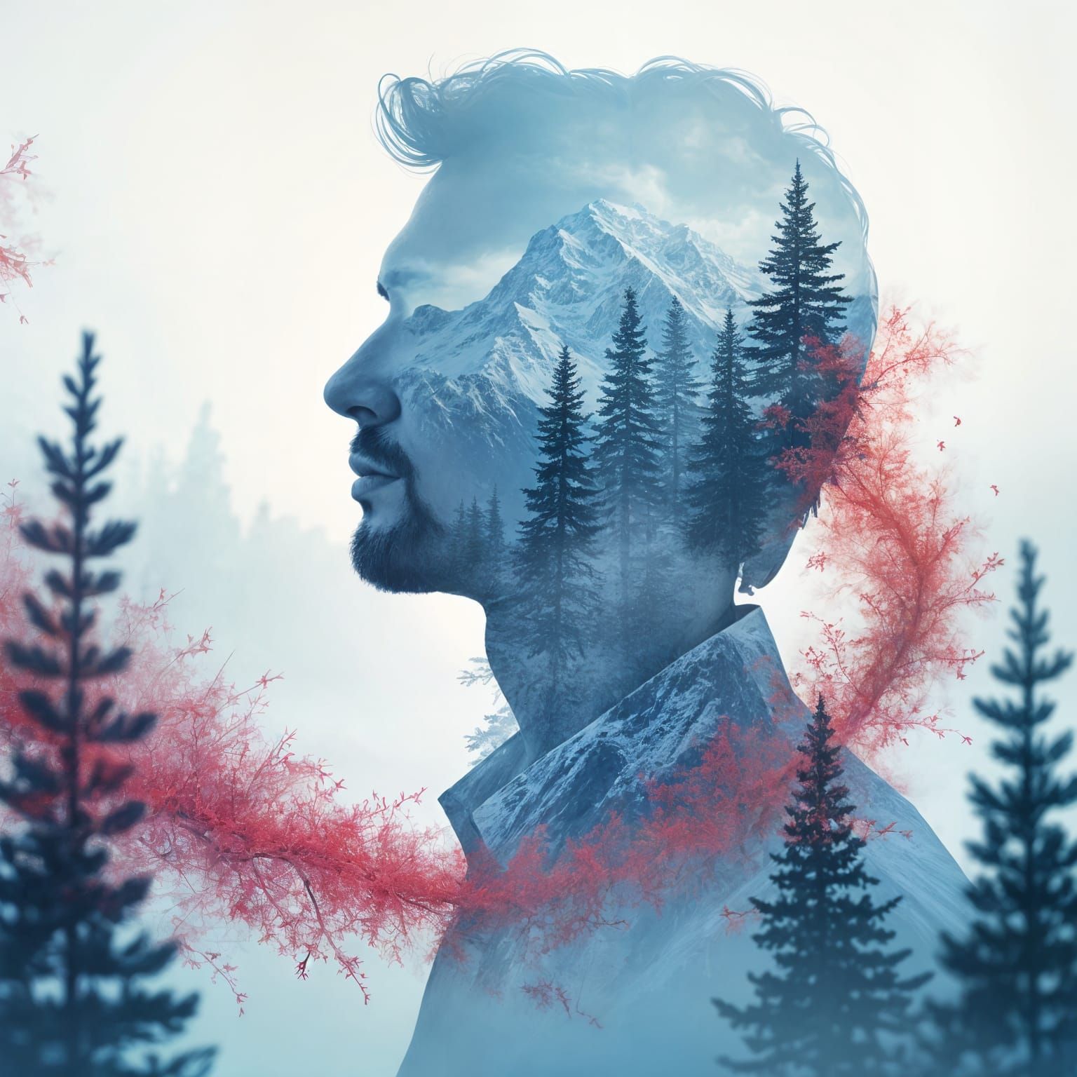Surreal Double Exposure: Man's Silhouette with Mountain Scen...