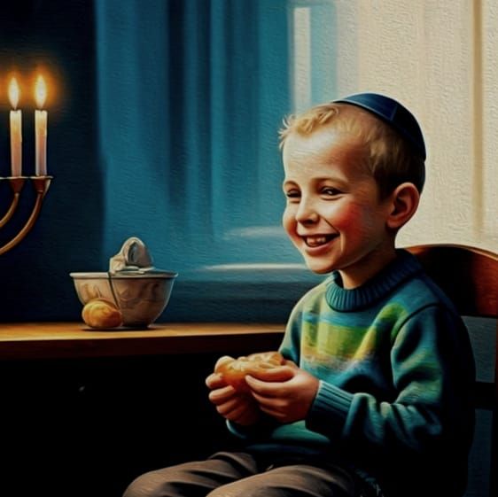 Chassidish Boy Enjoying Donut by Chanukah Light