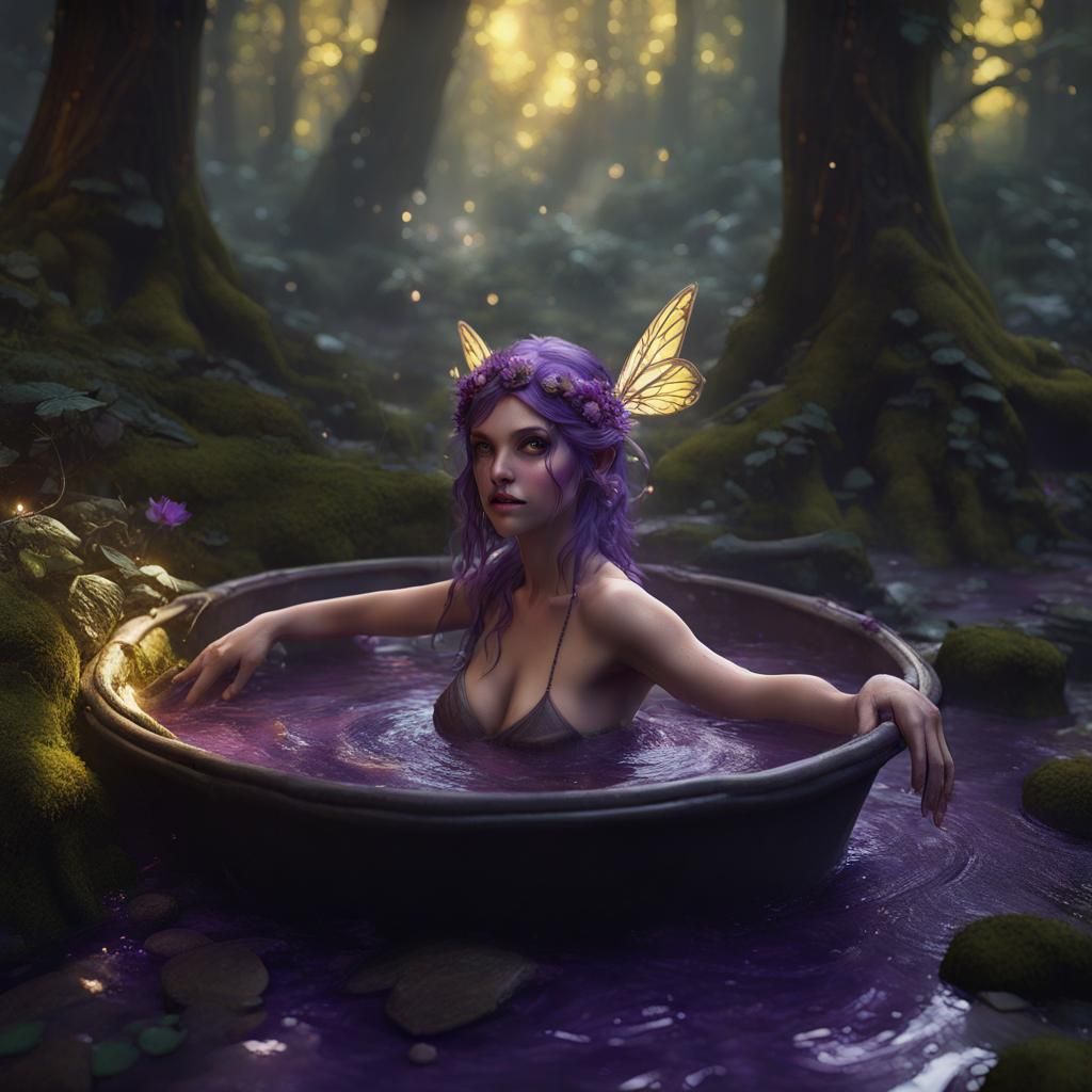 Fairy Bathes in Forest Stream: Dark Fantasy Concept Art