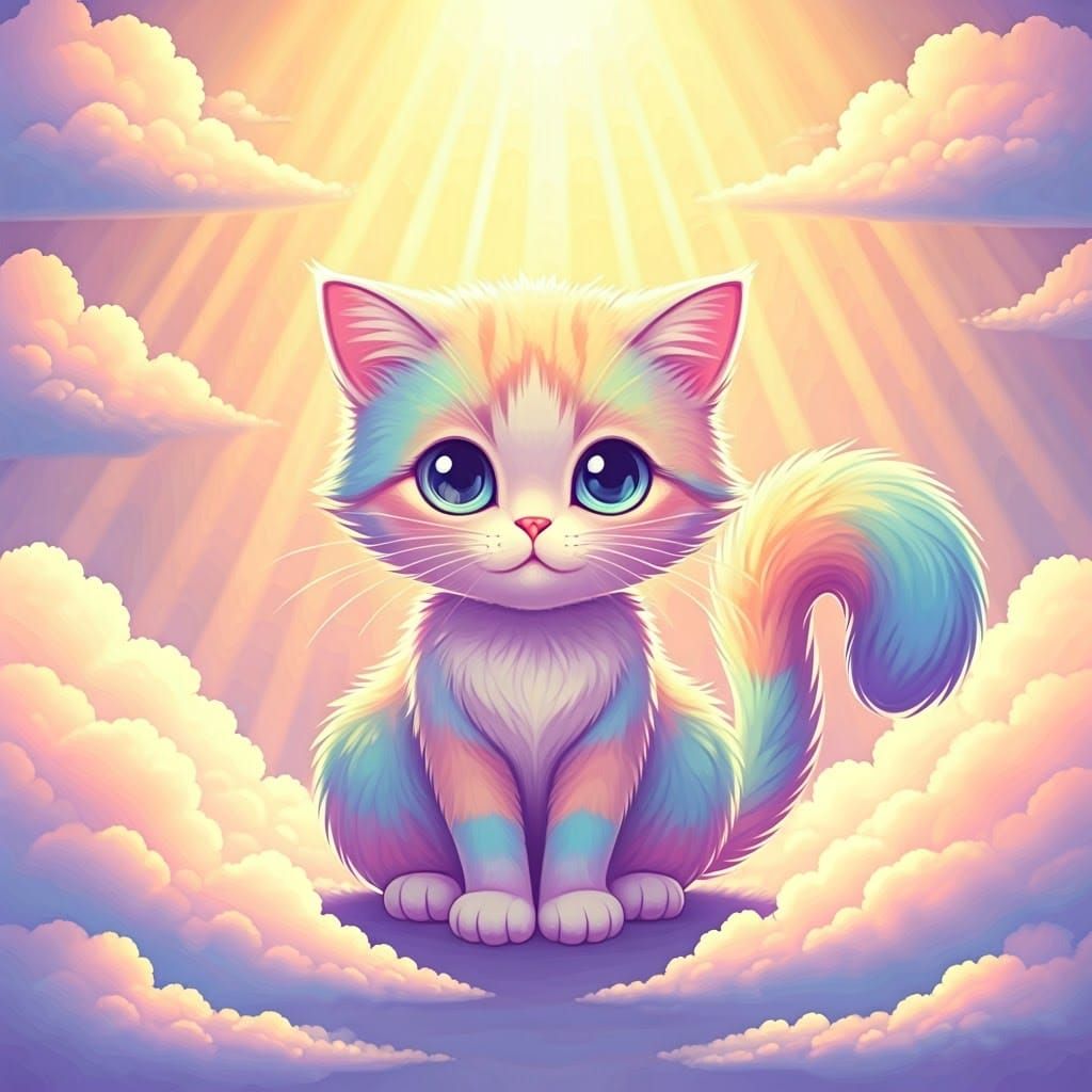 Kawaii Rainbow Cat Basking in Sunshine Beams