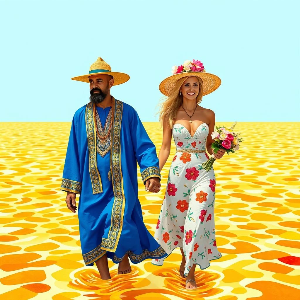 Couple Strolls on Honey Sea in Byzantine Mosaic Style