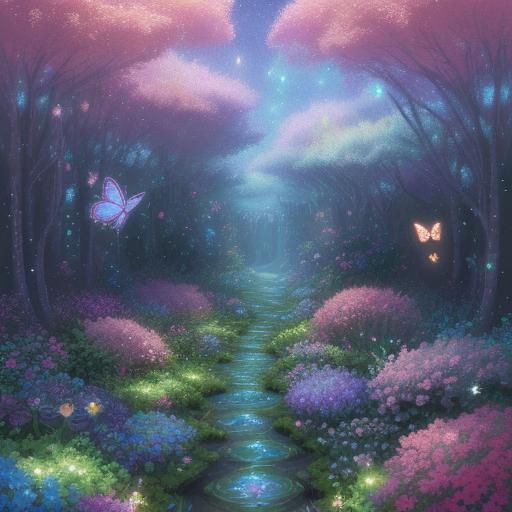 A fantastical pixel art garden inhabited by mystical, flying...