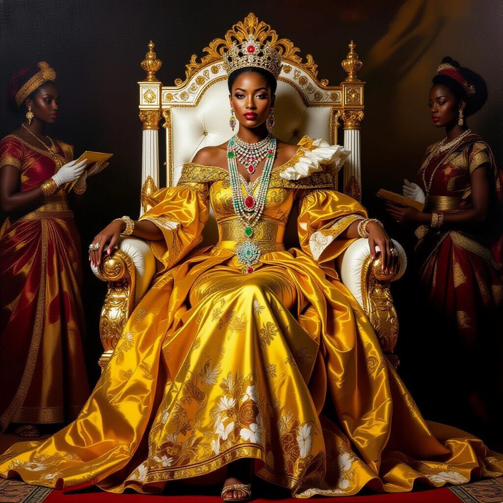 Ornate African Queen on Ivory and Gold Throne