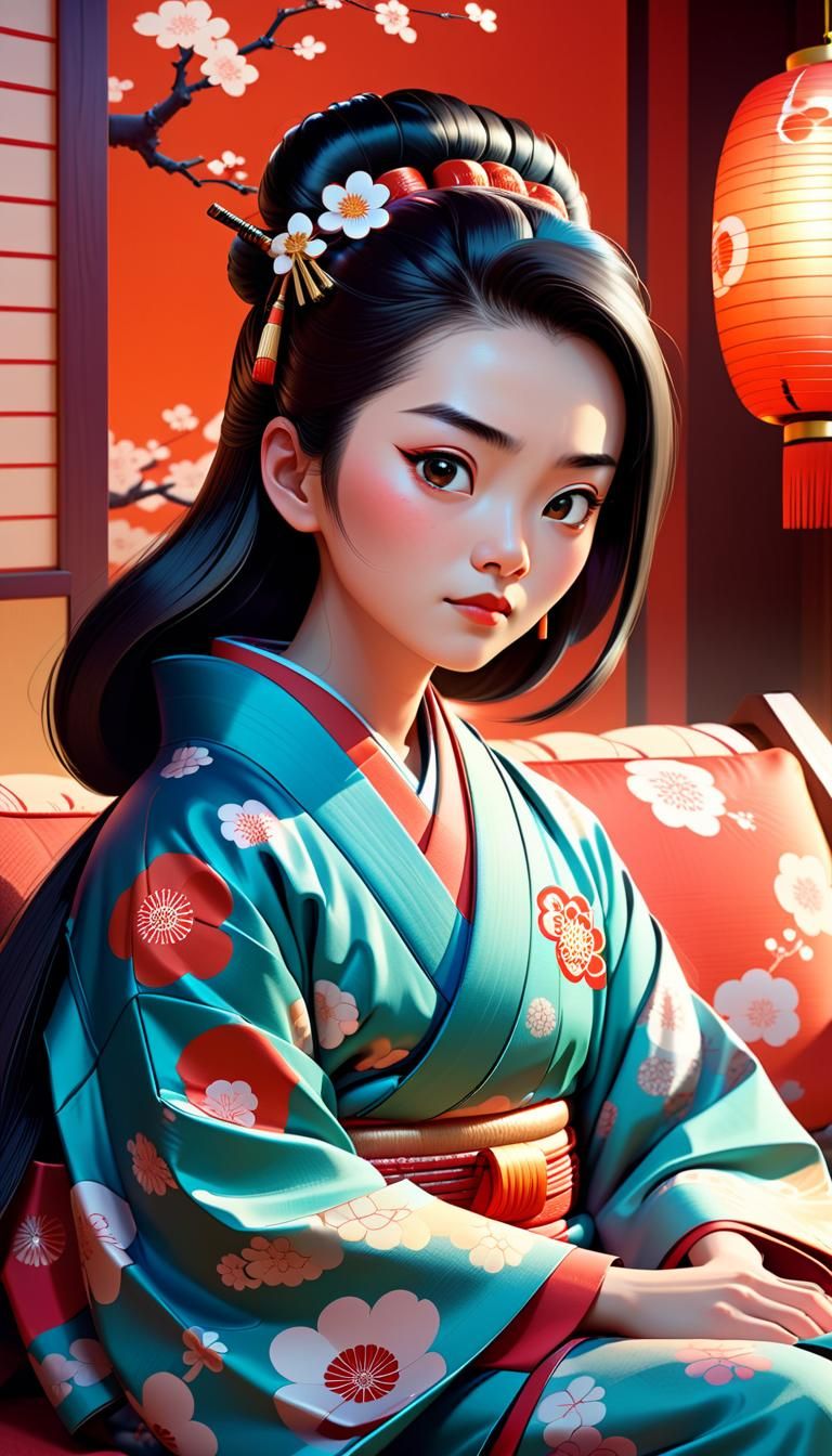 Kimono Woman in Washitsu: Pixar-Inspired 3D Digital Art