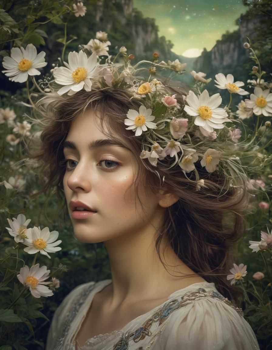 Surreal Romantic Portrait with Wind Anemone, Oil Painting