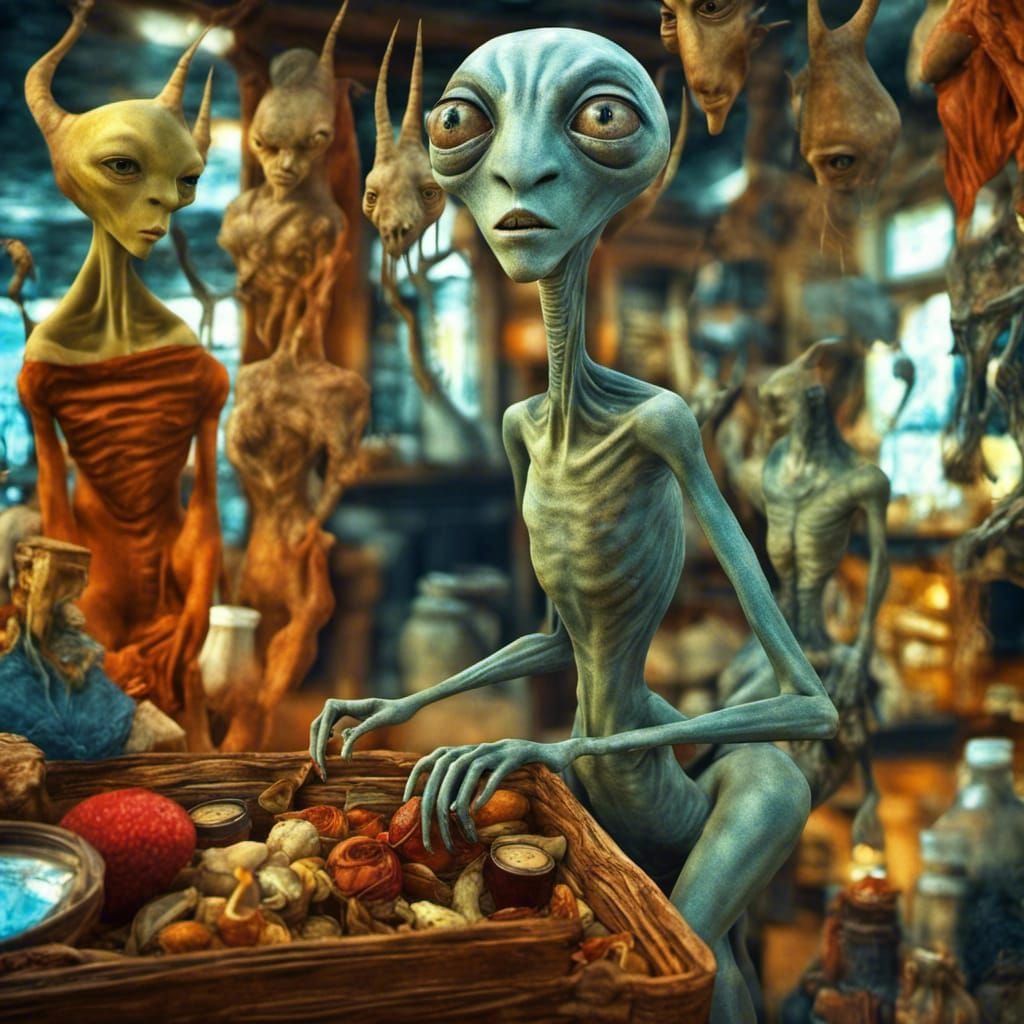 Smiling Aliens Shopping in City: Surreal Photorealism