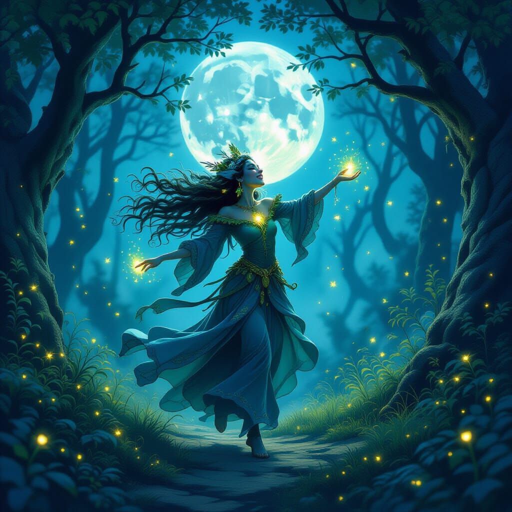 Enchanted Forest Spirit Dancing in Moonlit Grove