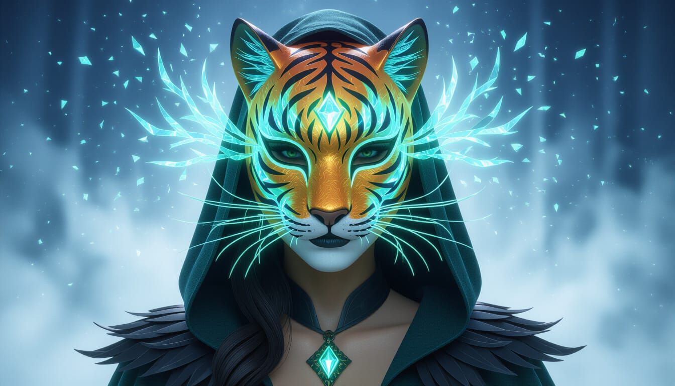 Mystical Sorceress With Luminous Tiger Mask