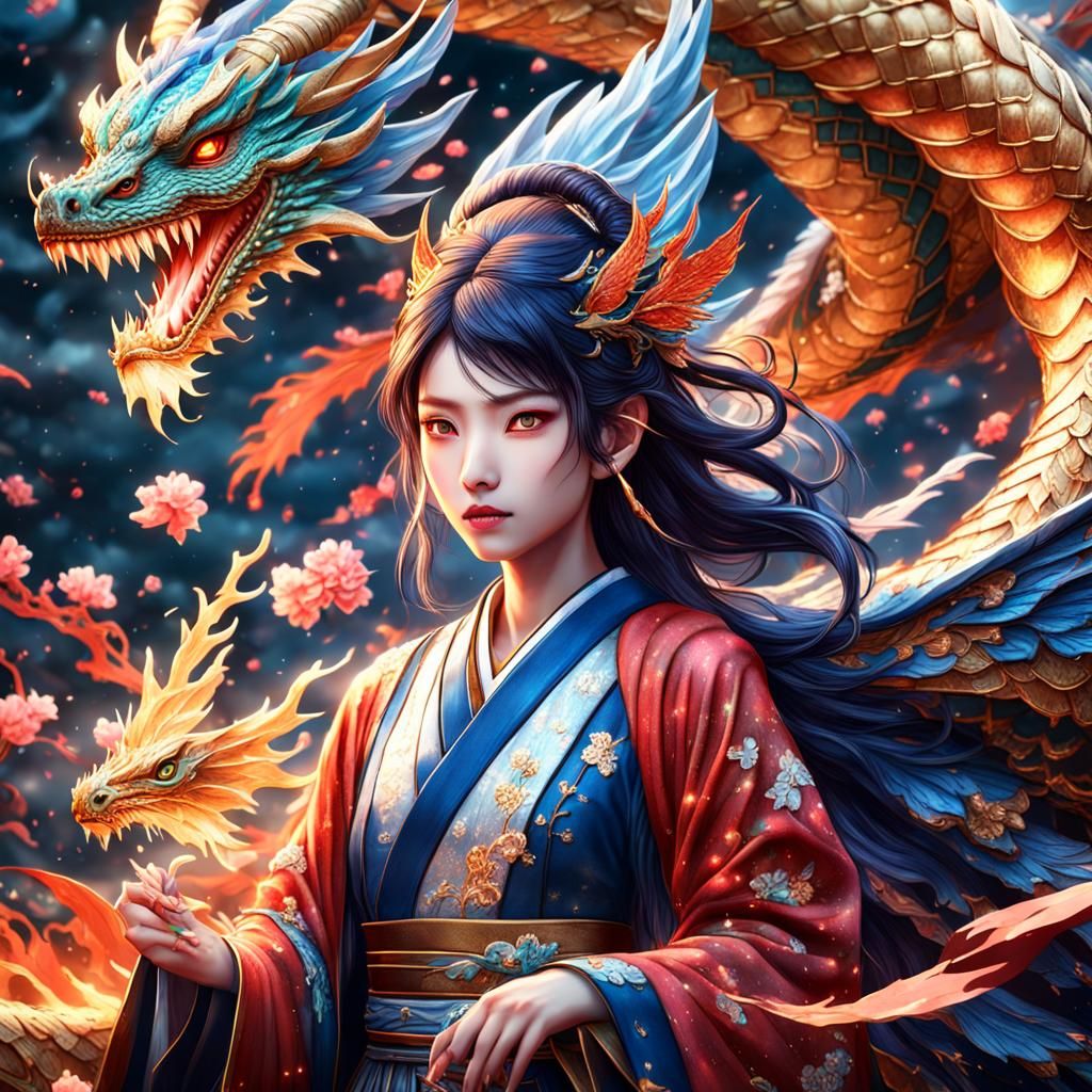 Japanese Woman with Dragon: Fantasy Concept Art