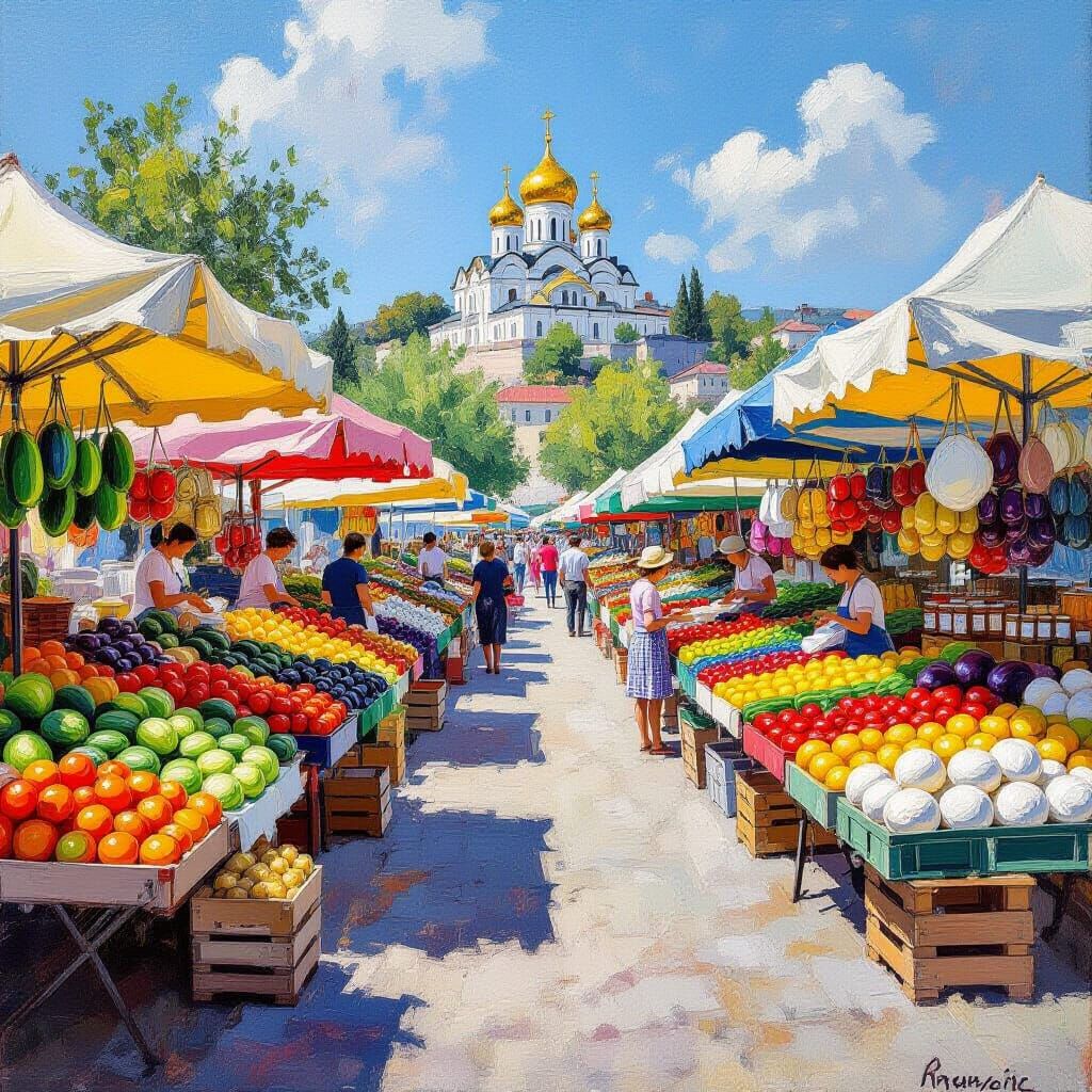 Bustling Farmers Market Scene Under Blue Sky