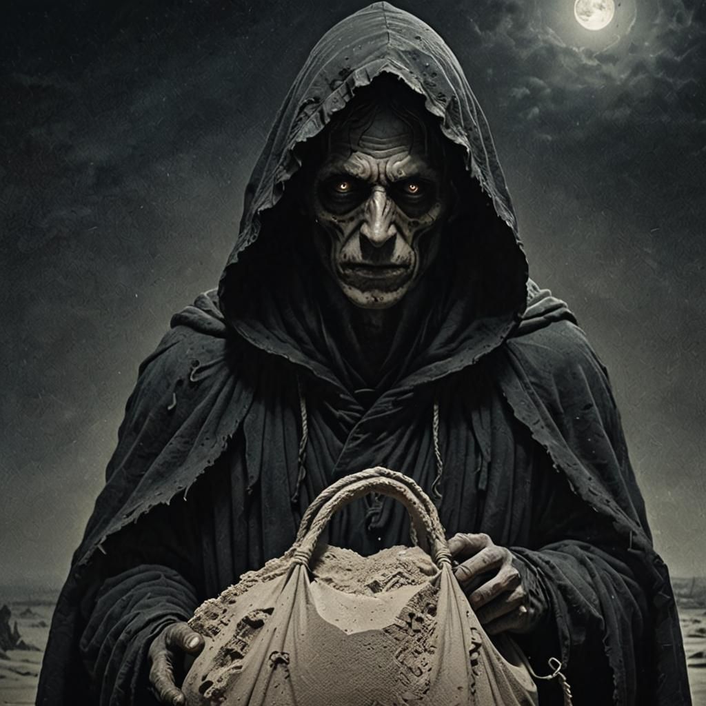 Monochrome Hooded Figure with Glowing Eyes