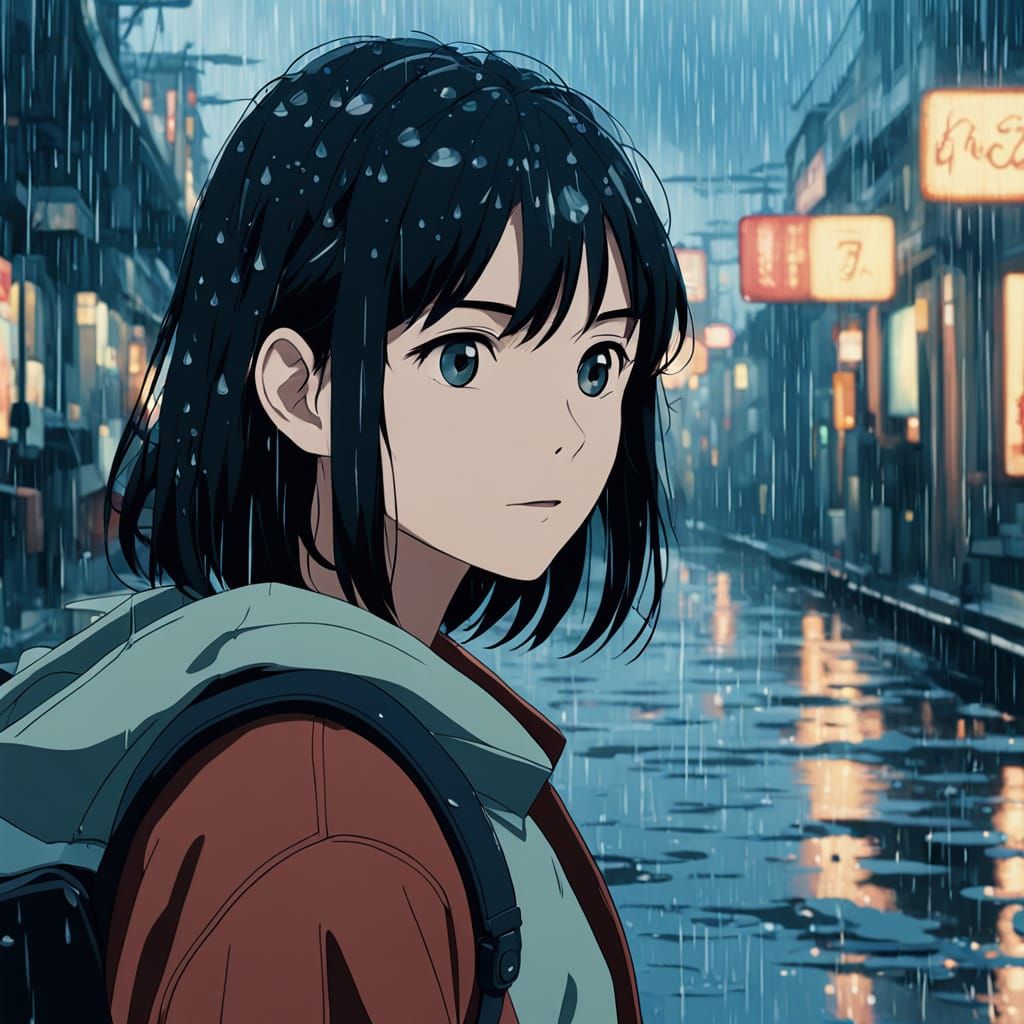 Anime Girl in the Rain: A Vibrant, Cinematic Scene