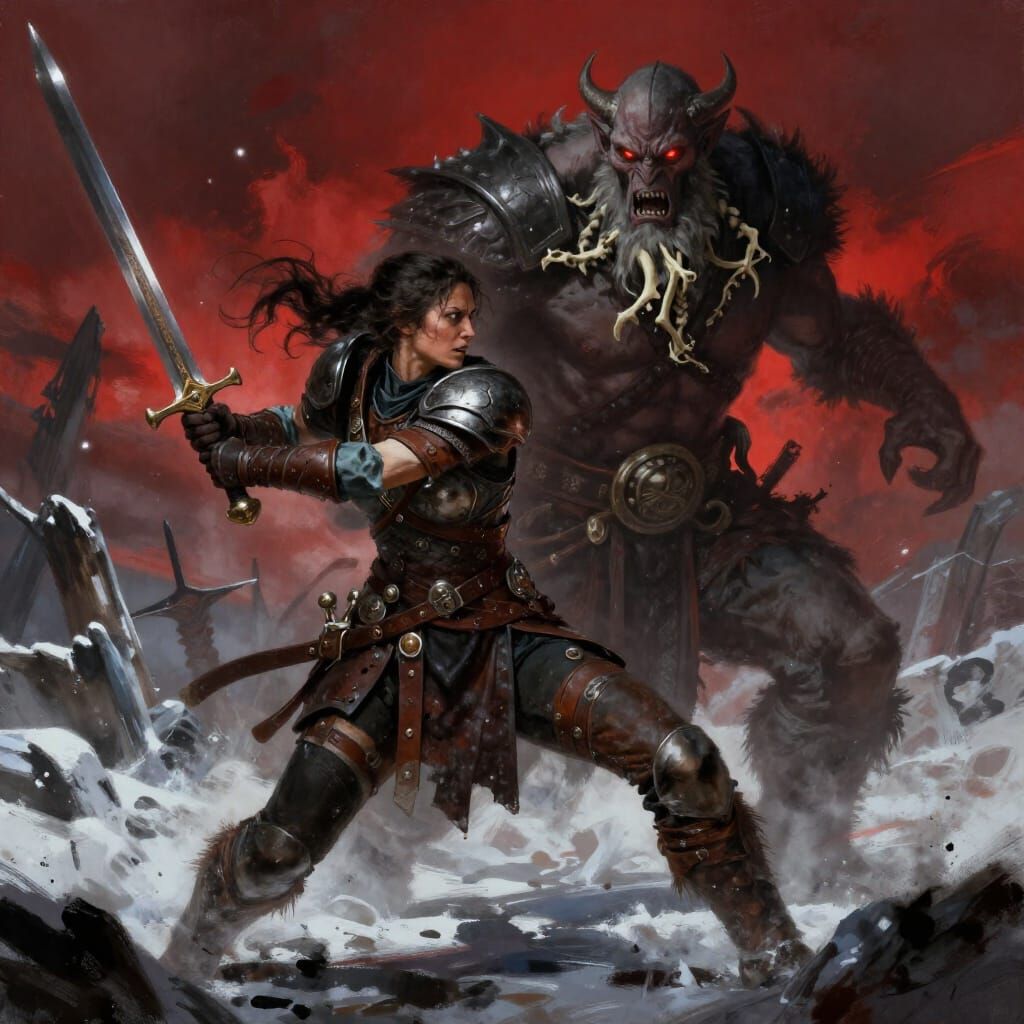 Female Warrior Battles Viking Demon in Dark Fantasy Art