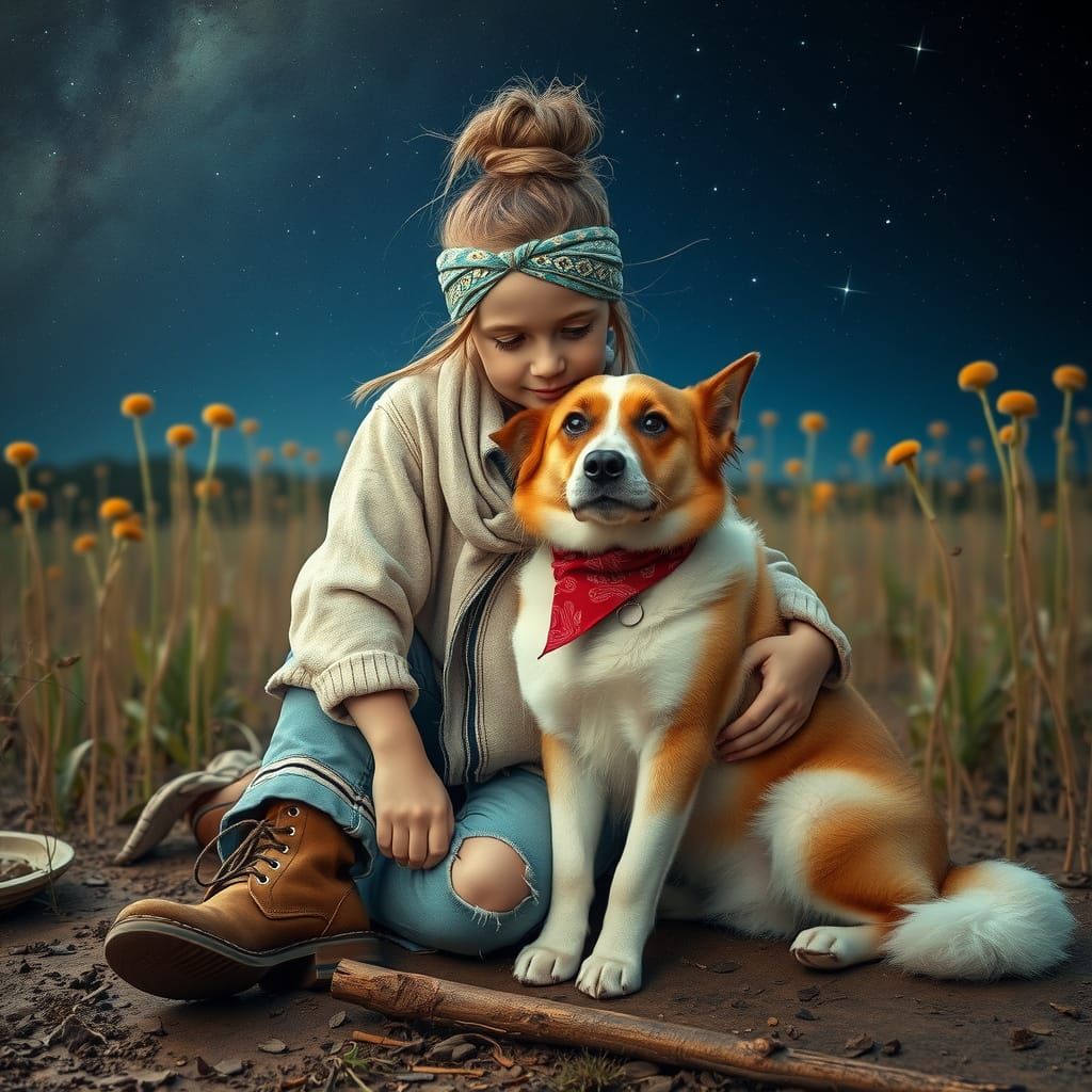 Girl and Dog Under Starry Night Sky