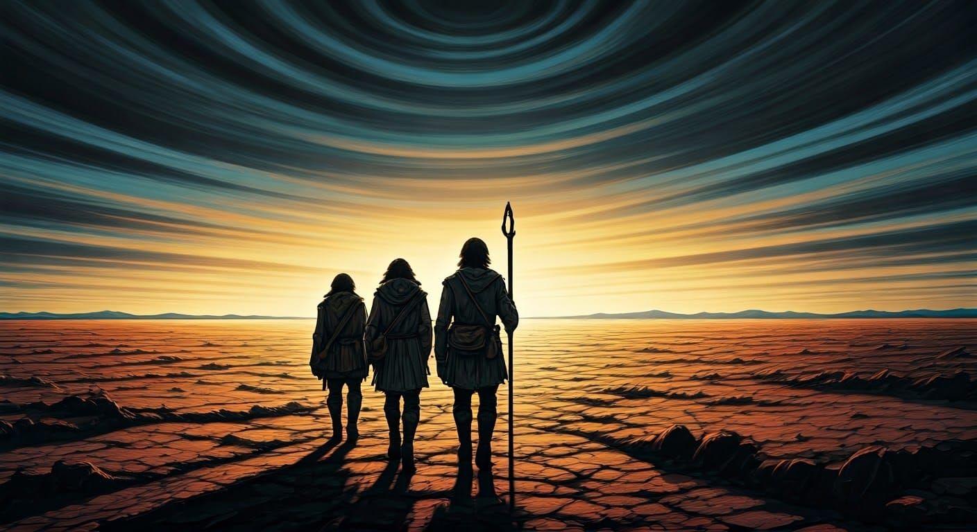 Travelers in Barren Landscape: 1970s Fantasy Art