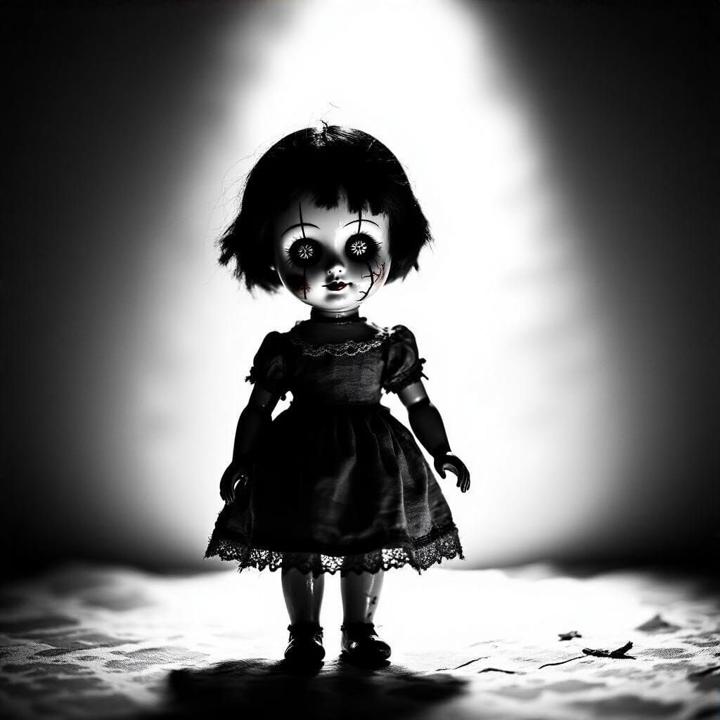 Surreal Cartoon Doll with Cracked Porcelain Face