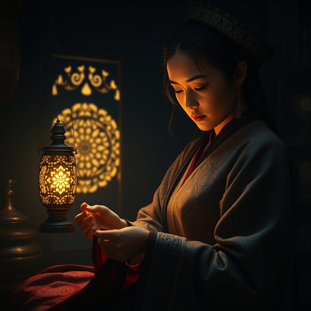 Tibetan Seamstress in Golden Light