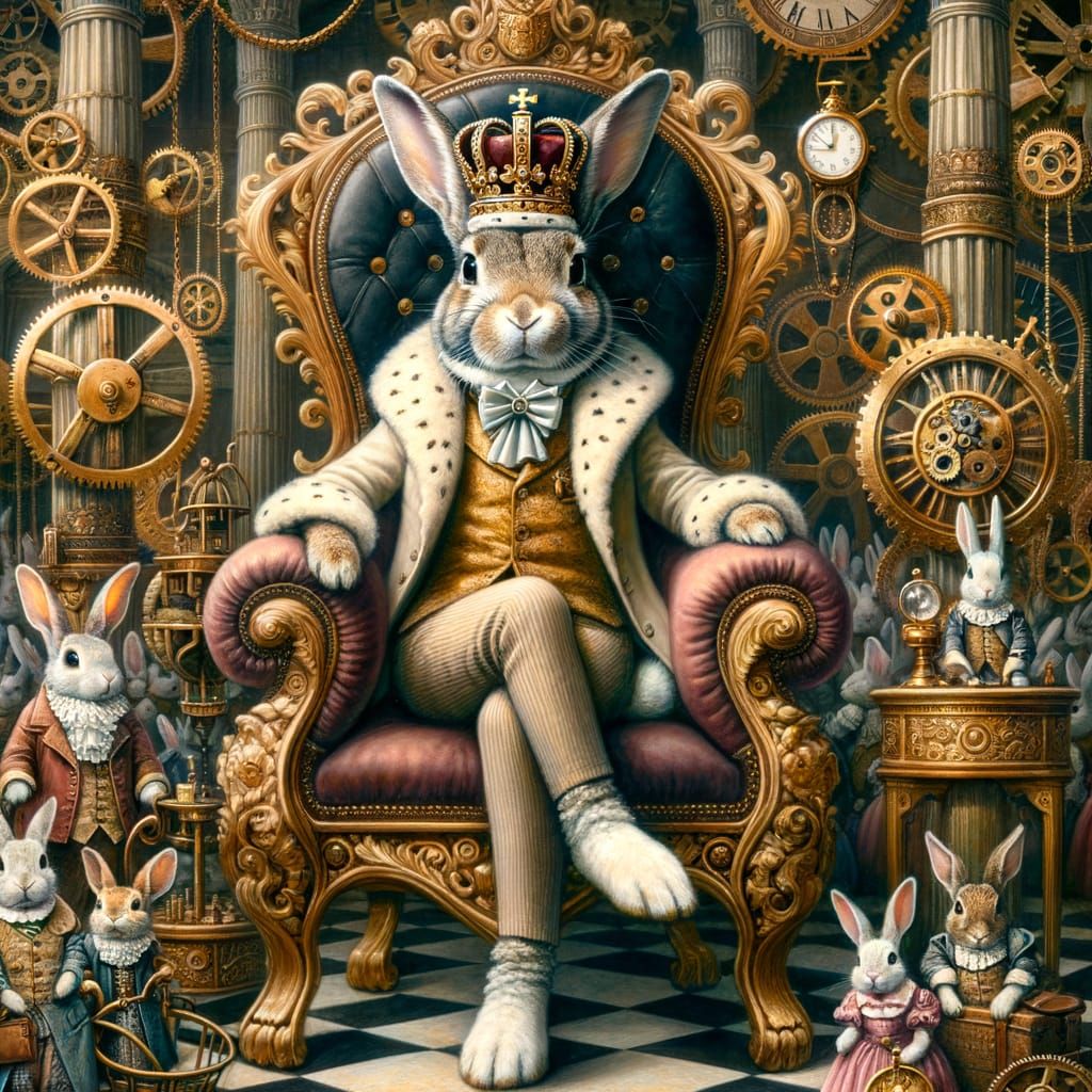 Regal Steampunk Rabbit King on Brass Gear Throne