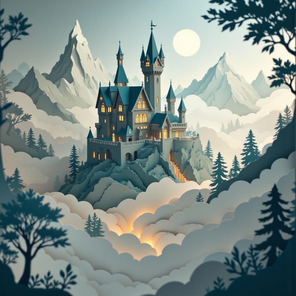 Fantasy Castle in Misty Mountains: Shadowbox Papercut Dioram...