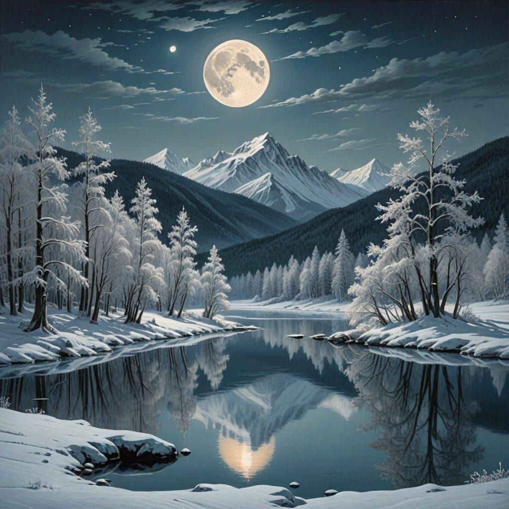 Moonlit winter landscape.