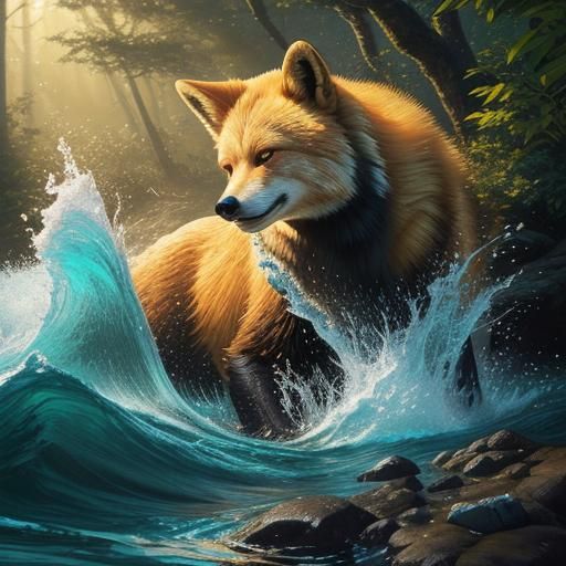 Golden Fox and Fishing Bear: Hyperrealistic Digital Art
