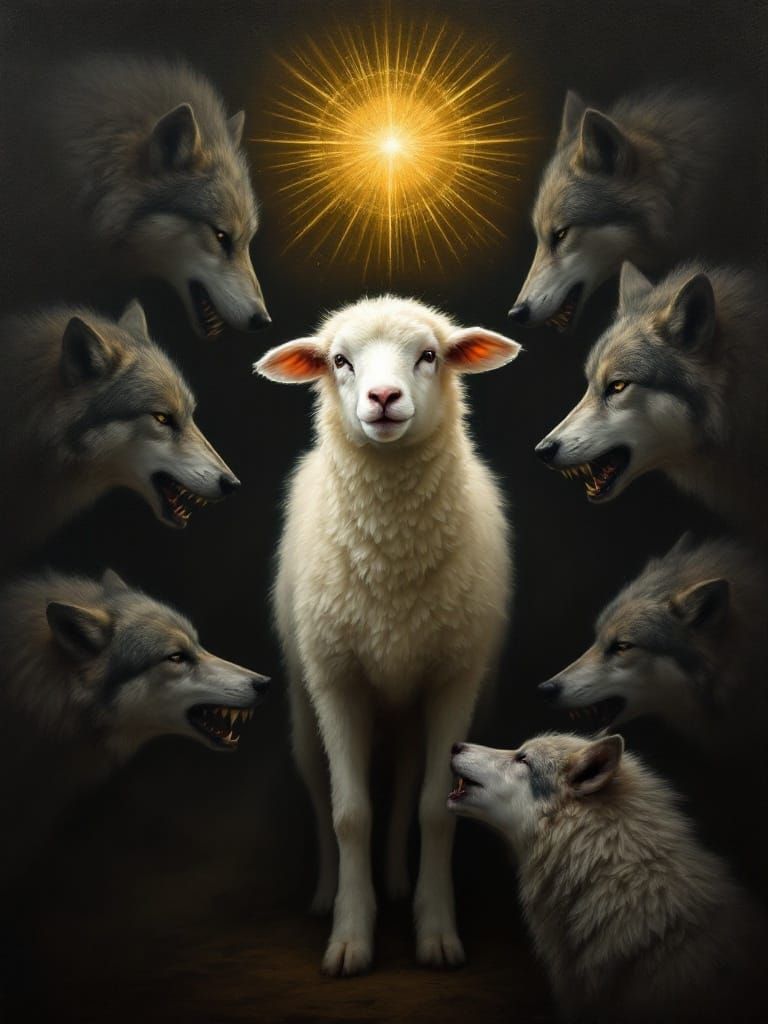 Surreal Lamb Confronts Wolves in Haunting Symbolism