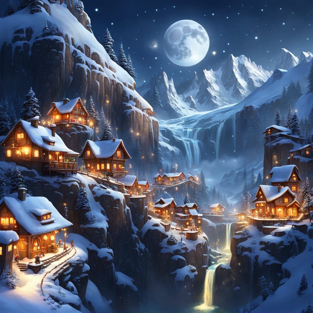 Snowy Alpine Village at Night with Lanterns