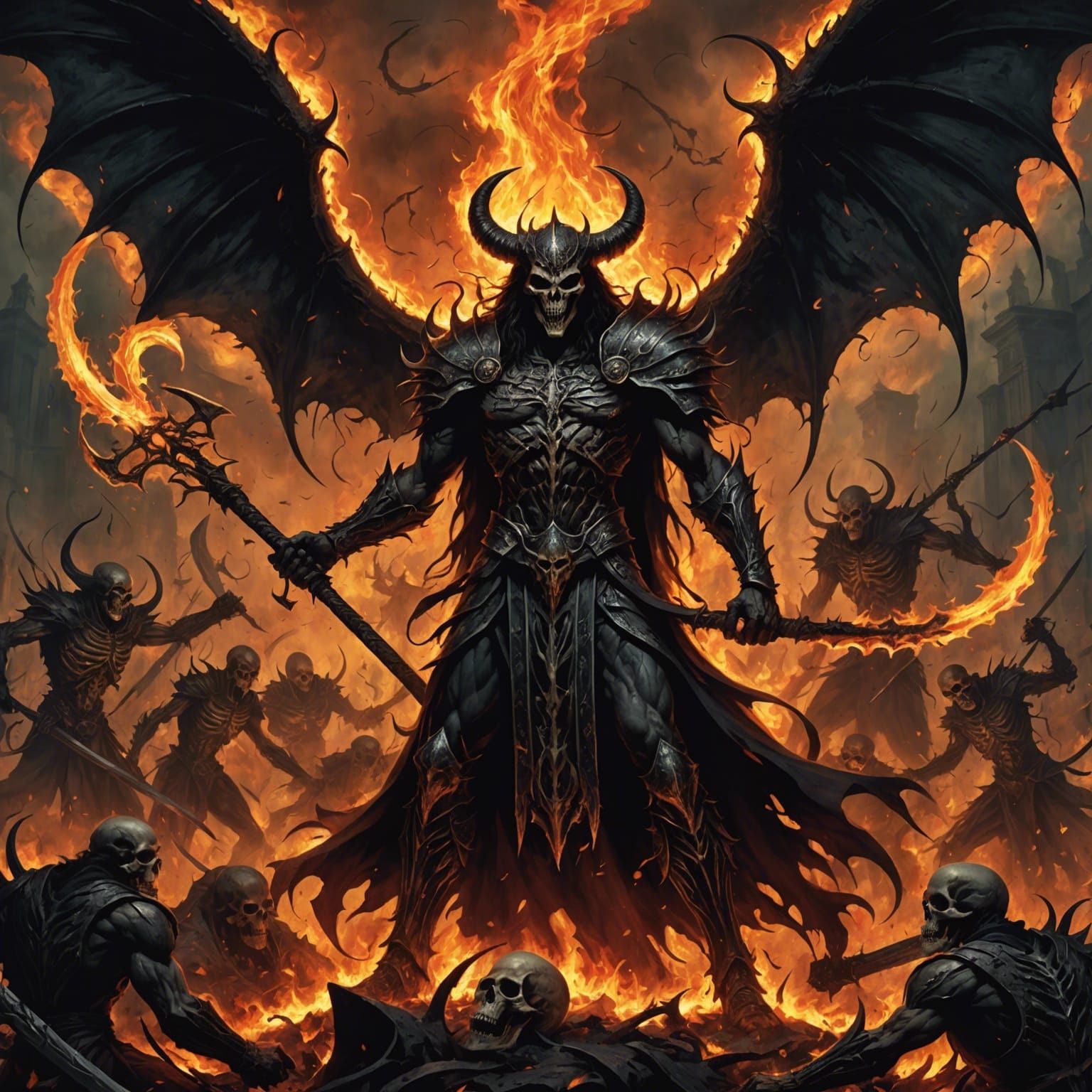 Lucifer with Flaming Scythe in Death Metal Art