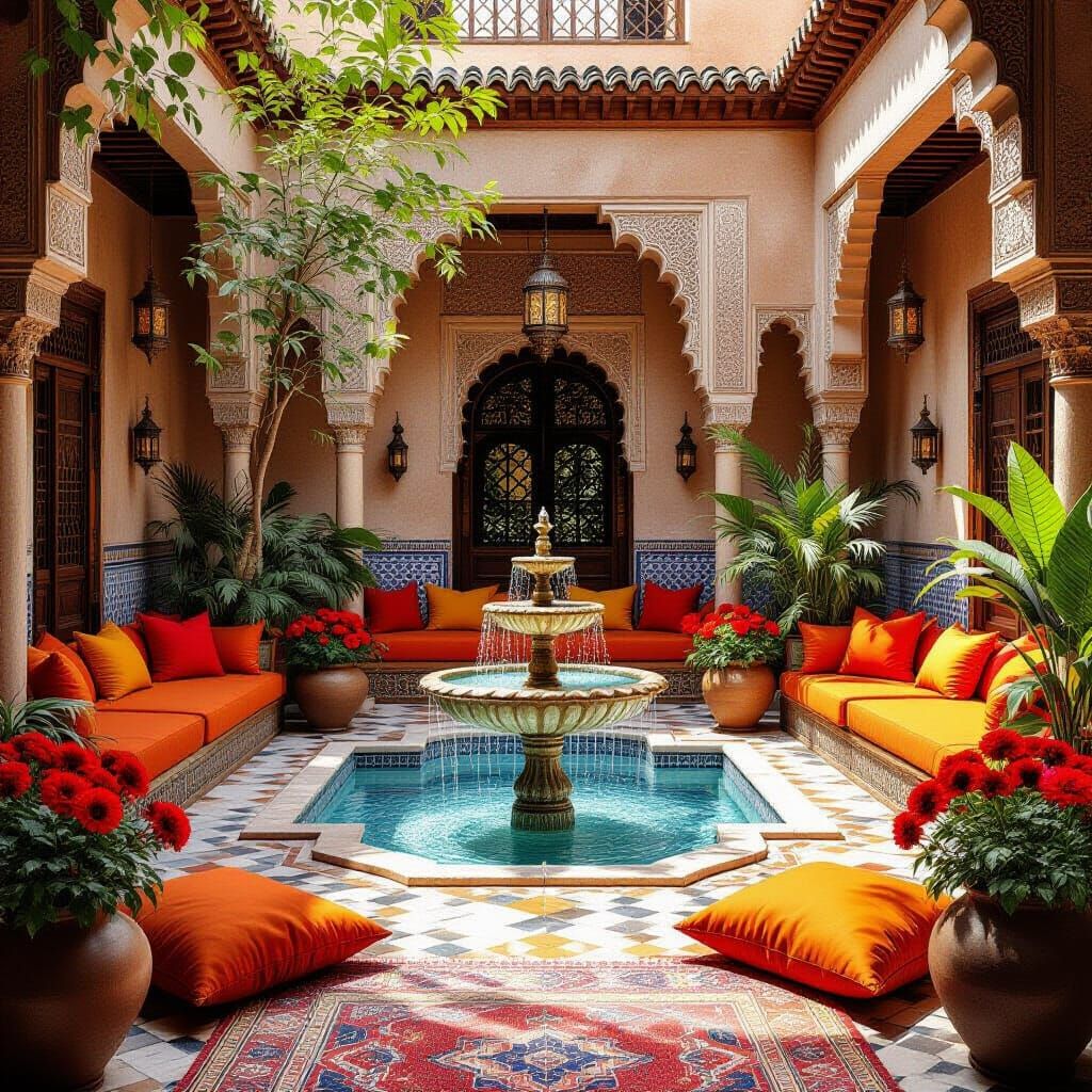 Vibrant Moroccan Courtyard with Fountain and Geraniums