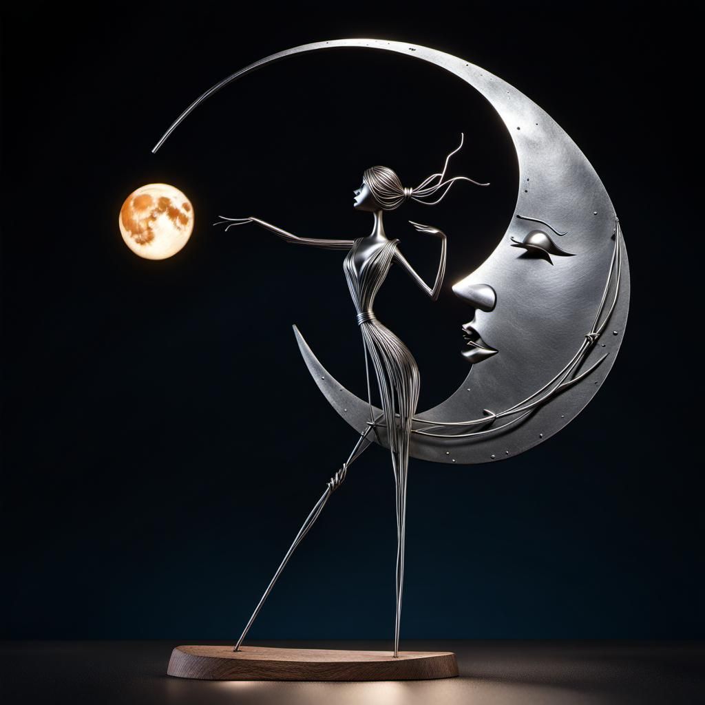 Whimsical 3D Metal Sculpture Under the Moon